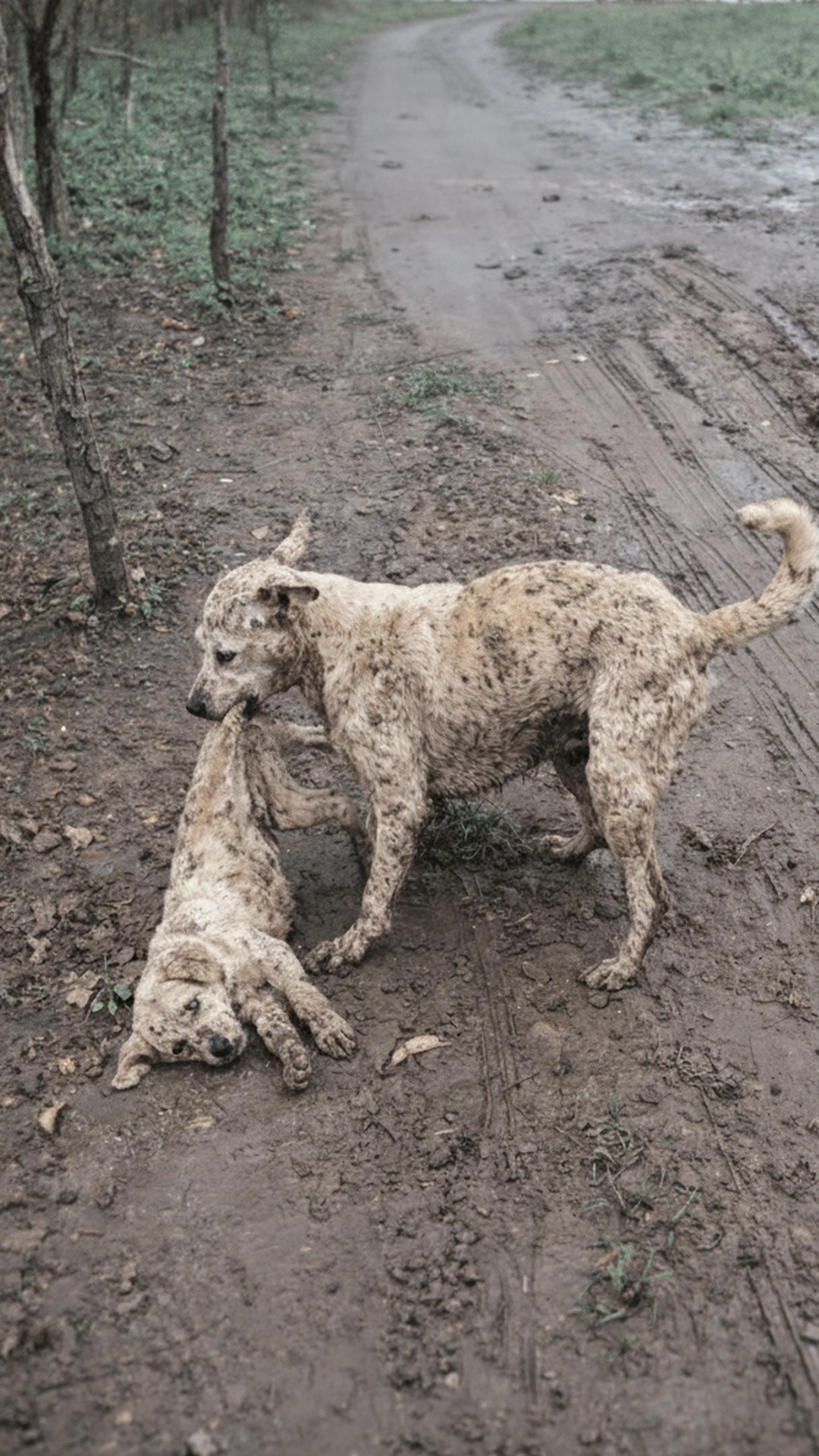 Mother Dog Carries Her Puppy to Safety on Cold, Wet Ground
