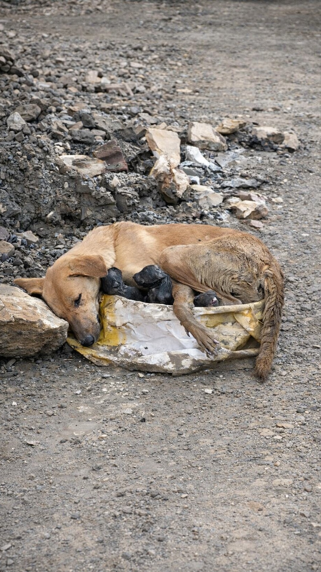 Rescue Team Saves Mother Dog and Her Newborn Puppies from Construction Ruins