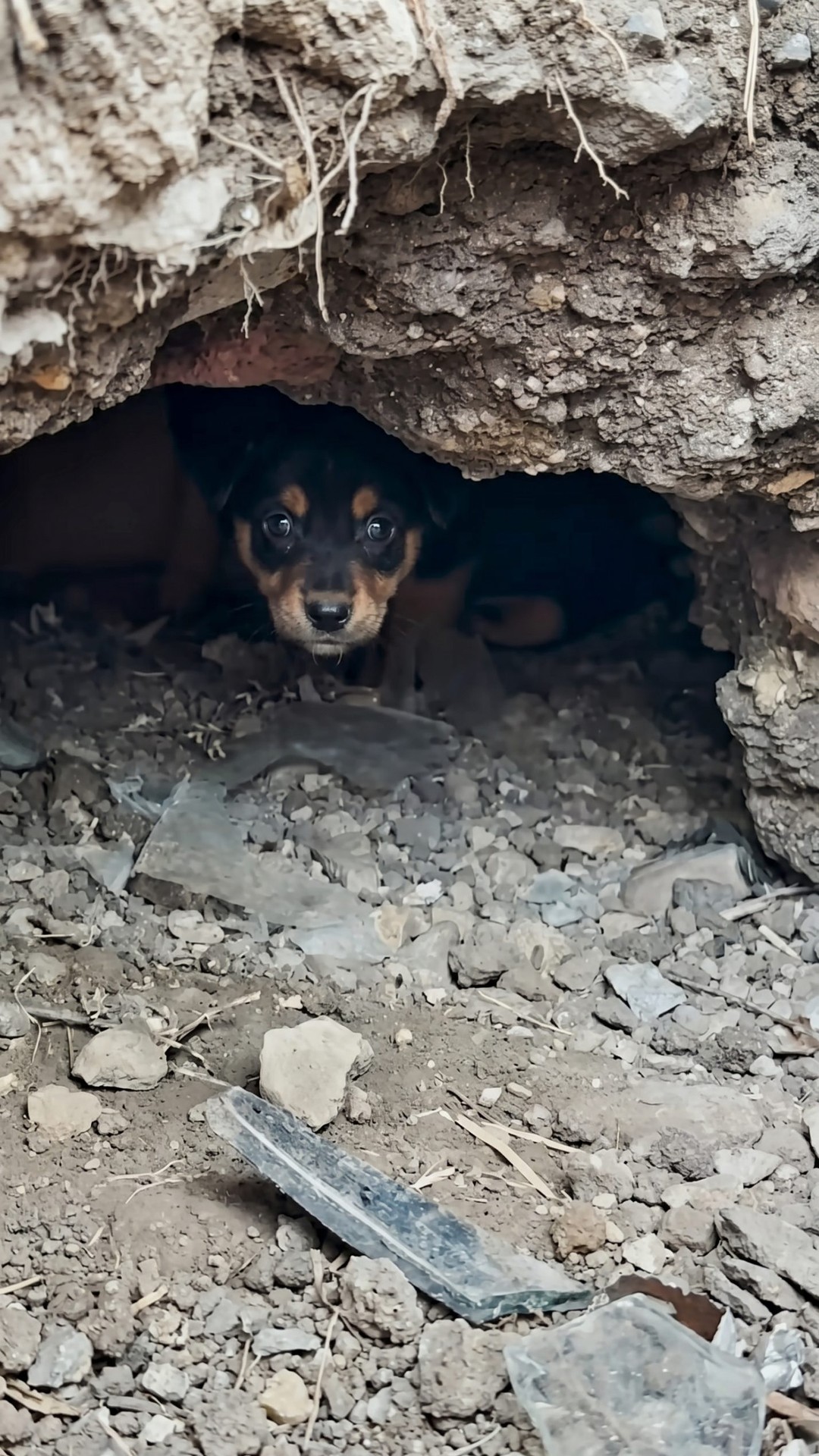 Rescuers Save Three Puppies from Collapsing Den Beneath a Stray Mother Dog
