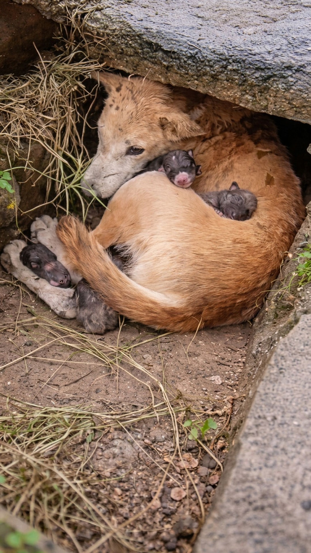 Mother Dog's Protective Instincts Shine as Puppies Find Safety