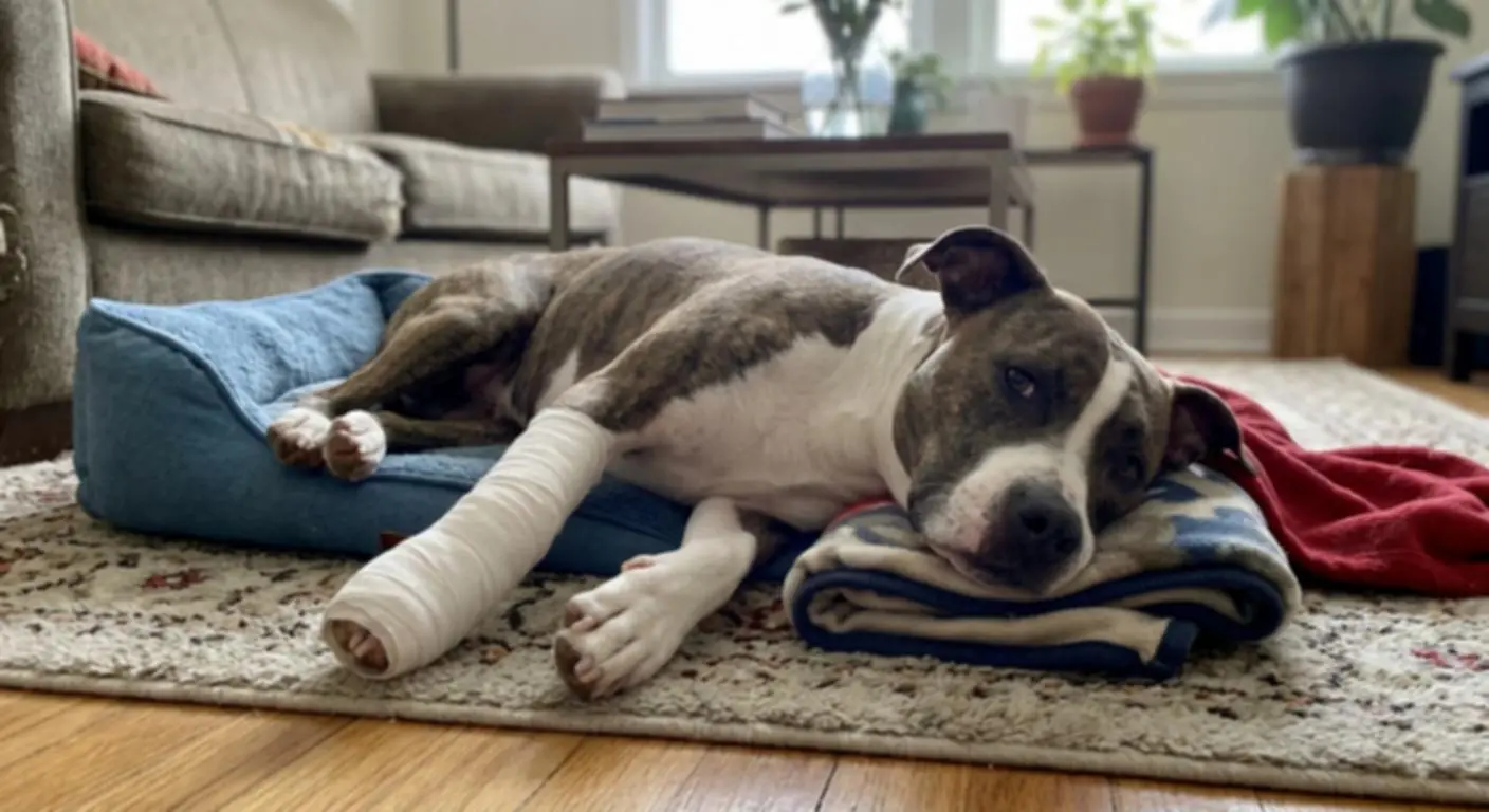 A comfortable dog rests on a blanket with a bandaged leg.